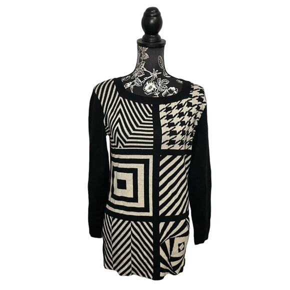 Vintage Mondi Square Neck Knit Sweater Black White Geometric Pattern Sze 34 - Picture 2 of 6
